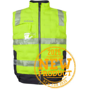 A bright yellow and black puffer vest with reflective strips and a logo. Suitable for work or outdoor activities.