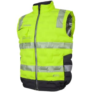 A bright yellow and black puffer vest featuring reflective stripes and a logo. Suitable for outdoor use.