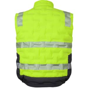 A high-visibility puffer vest in fluorescent yellow with reflective strips and black detailing. Features a logo.