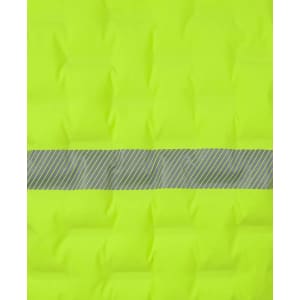 A bright yellow puffer vest featuring a grey striped band across the centre and a logo.