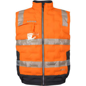 An orange puffer vest with reflective strips, featuring a front zip and a pocket. It includes a logo on the chest area.