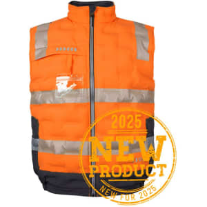An orange and black graphene puffer vest with reflective stripes and a pocket, featuring a logo.