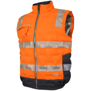 An orange puffer vest with reflective stripes and a black bottom, featuring a zippered front and a logo.