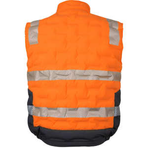 An orange and black puffer vest featuring reflective strips and a logo on the back.