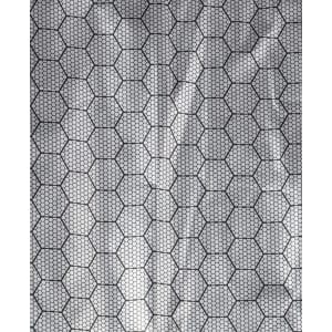 A close-up view of a hexagonal patterned fabric, featuring a black grid design over a light background.