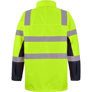 A high-visibility jacket in bright yellow with reflective stripes and black sleeves. Features a branded logo.