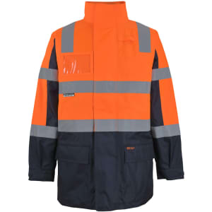 An orange and navy work jacket featuring reflective strips and a clear pocket, designed for visibility and safety.