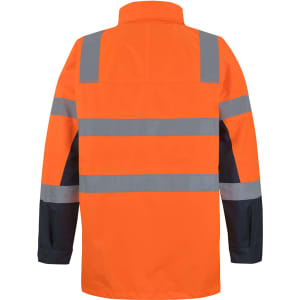 A high-visibility orange jacket with reflective grey stripes, featuring a black section on the sleeves and a collar.