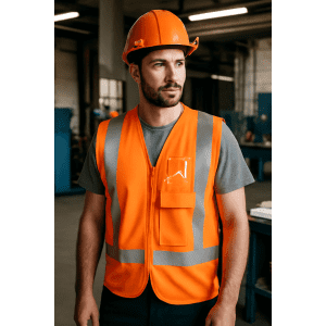 An orange safety vest with reflective stripes, worn by a man in a hard hat, inside an industrial setting.
