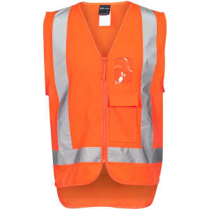 An orange work vest with reflective stripes and a front pocket, featuring a clear identification slot.