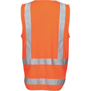 A high-visibility orange work vest featuring reflective stripes and a logo.