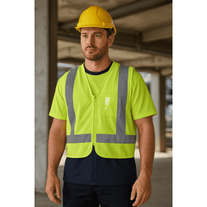 A high-visibility lime vest with reflective stripes, worn by a man in a hard hat on a construction site.