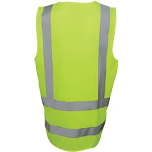 A bright lime work vest with reflective grey stripes and a simple design, featuring a logo on the back.