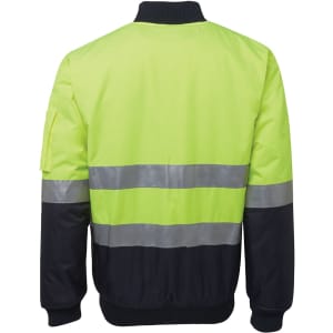 A high-visibility jacket in bright yellow with black sleeves and reflective stripes. It features a logo on the sleeve.