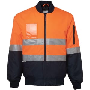 An orange and navy work jacket featuring reflective stripes and a zipper, with a pocket on the front.