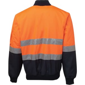An orange and navy flying jacket with reflective stripes and a ribbed collar. Features a logo on the sleeve.