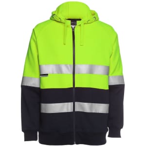A bright yellow and navy full zip hoodie featuring reflective strips and a hood. It has a logo on the front.