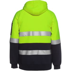 A bright yellow and navy fleece hoodie with reflective stripes and a hood, featuring a logo on the sleeve.