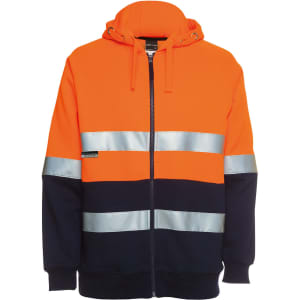 An orange and navy full zip fleece hoodie featuring reflective stripes and a logo on the side.