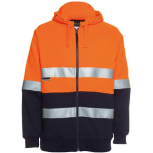 An orange and navy full zip fleecy hoodie with reflective stripes and a hoodie. It features a branding logo.