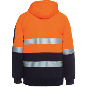 A bright orange and navy full zip hoodie featuring reflective stripes and a hood, with a logo on the sleeve.