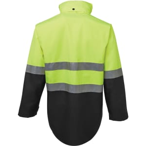 A high-visibility jacket in fluorescent yellow with black lower sections and reflective stripes. It features a logo.