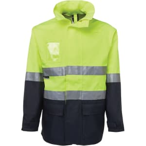 A high-visibility jacket in fluorescent yellow and navy, featuring reflective stripes and a front pocket.