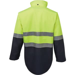 A high-visibility jacket in bright yellow and navy, featuring reflective strips and an overall workwear design.