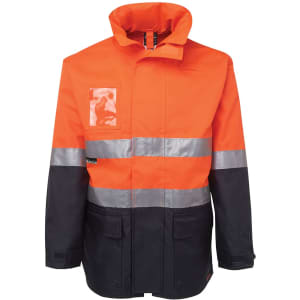 A high-visibility jacket in orange and black, featuring reflective stripes and a pocket. It has a logo on the front.