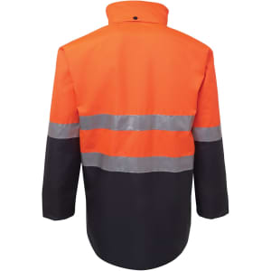 A work jacket in high-visibility orange and black, featuring reflective stripes and a collar, with a logo.