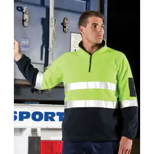 A high visibility polar fleece pullover in lime green and navy, featuring reflective stripes and a logo.