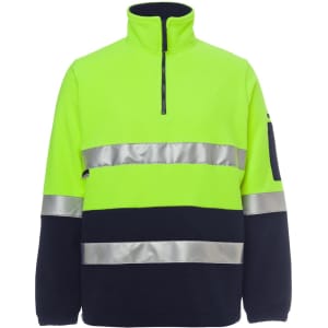A high-visibility polar fleece jumper in bright yellow and navy, featuring reflective stripes and a half-zip design.