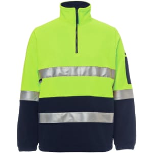 A high-visibility polar fleece jumper in bright yellow and navy, featuring reflective strips and a zippered neck.