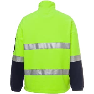 A high-visibility polar fleece in bright green with reflective stripes and navy blue sleeves. It features a collar and has a logo.