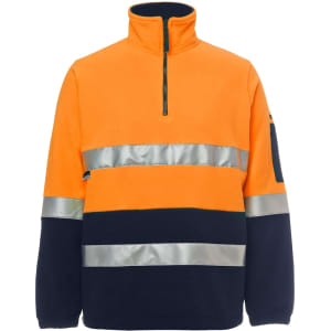 A high-visibility work polar fleece in orange and navy, featuring reflective stripes and a zippered collar.