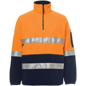 An orange and navy polar fleece pullover with reflective stripes and a zip neck, featuring a side pocket and a logo.