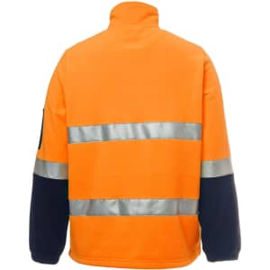 A bright orange polar fleece jacket with reflective stripes and navy blue sleeves, featuring a logo on the sleeve.