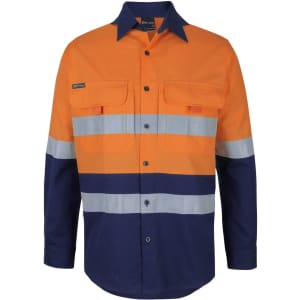 An orange and navy ripstop fishing shirt with reflective stripes and two chest pockets, featuring a logo.