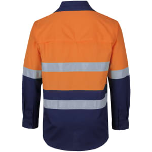 A long-sleeved fishing shirt in orange and navy with reflective stripes and a logo on the chest pocket.