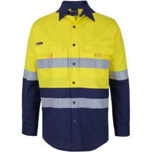 A long-sleeve, high-visibility fishing shirt in yellow and navy, featuring reflective stripes and pockets.