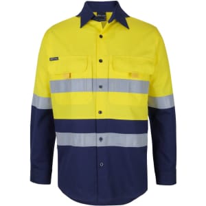 A long-sleeve fishing shirt in high-visibility yellow and navy, featuring reflective stripes and a logo.