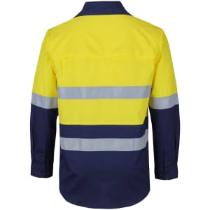 A long-sleeve fishing shirt in bright yellow and navy blue, featuring reflective stripes and a logo.