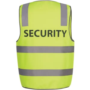 A safety vest in lime green with reflective stripes and a branding logo, labelled 'SECURITY' on the back.