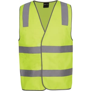A high visibility safety vest in lime green with reflective silver strips, featuring a logo on the front.