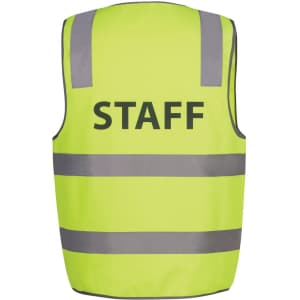 A lime safety vest featuring reflective stripes and a logo, designed for staff identification.