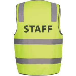A safety vest in bright lime green with reflective stripes and a logo, labelled “STAFF.”
