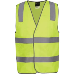 A lime safety vest with grey reflective stripes and a logo, designed for safety wear.