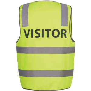 A lime safety vest featuring reflective stripes and a branding logo, marked with the word "VISITOR".