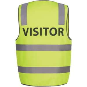 A bright lime safety vest with grey reflective strips and a prominent "VISITOR" label. Features a logo.