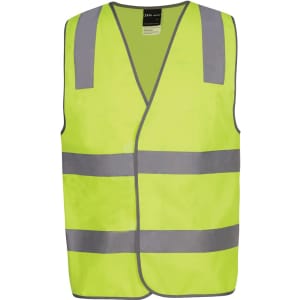 A safety vest in bright lime with reflective grey stripes and a logo. Ideal for visibility in work environments.